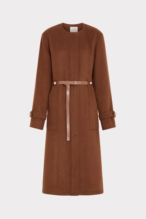 Dark Brown Wool Blend Belted Coat - Front Flat View | MILLY
