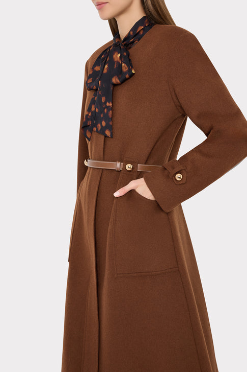 Dark Brown Wool Blend Designer Coat - Side View with Leather Belt Detail | MILLY