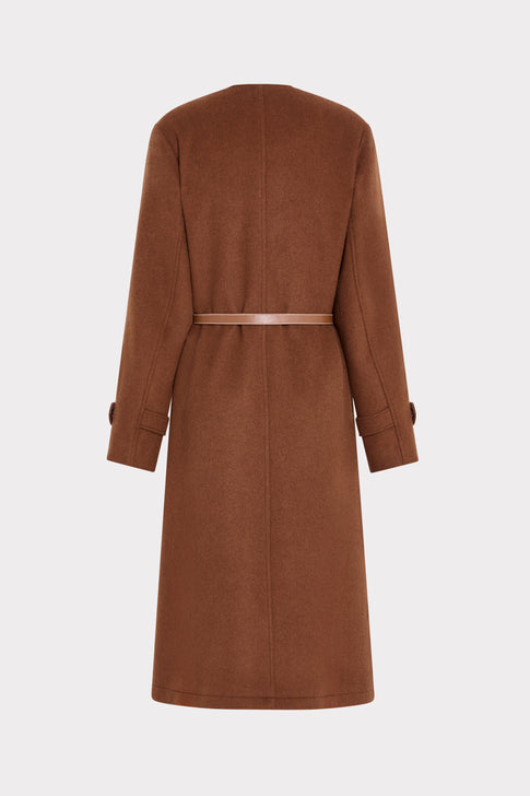 Dark Brown Wool Blend Coat - Back View with Leather Belt | MILLY