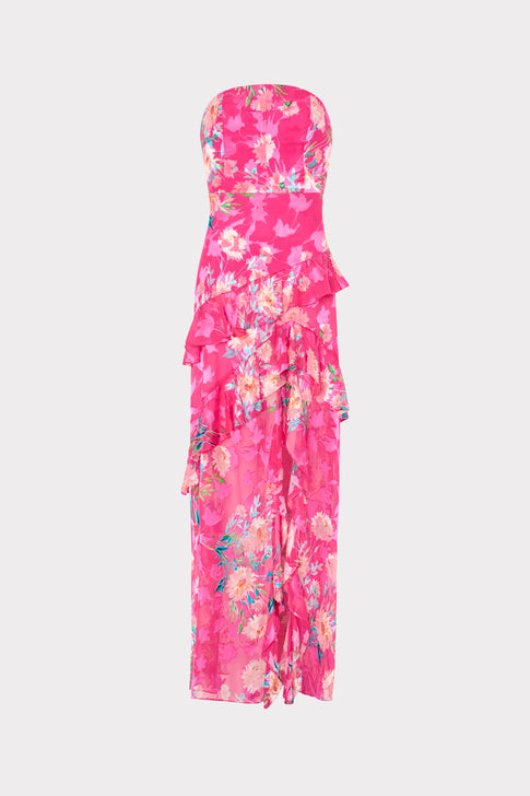 Pink Multi Floral Raelynn Burnout Maxi Dress with Ruffles - Front View | MILLY