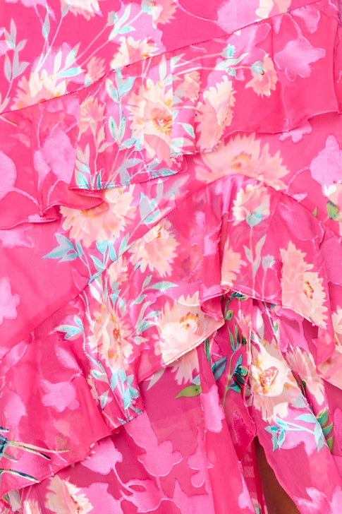 Close-up Pink Multi Floral Burnout Fabric with Ruffled Layers Detail | MILLY
