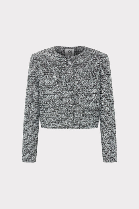 Grey Sequin Tweed Cropped Jacket - Front Flat View | MILLY
