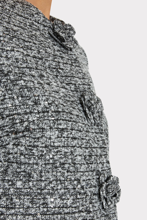 Grey Sequin Tweed Jacket - 3-D Floral Embellishment Close-Up Detail | MILLY