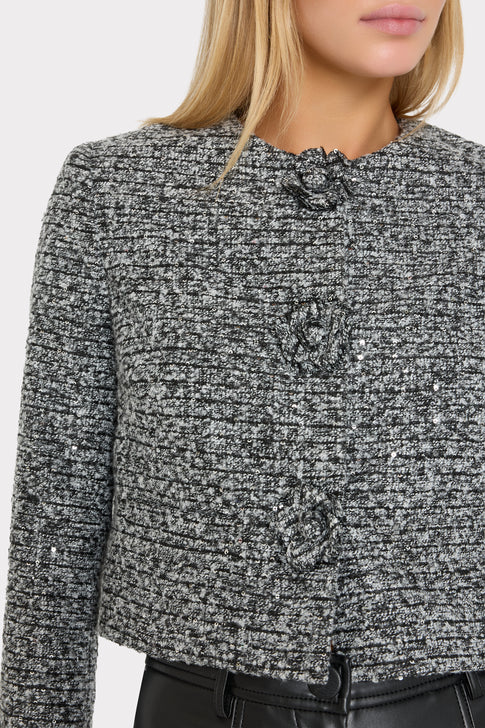 Grey Tweed Sequin Cropped Jacket - On Model Front Detail with Floral Closures | MILLY