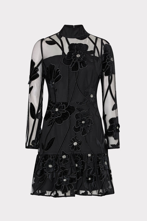 Black Velvet Floral Embroidered Mockneck Mini Dress - Front View | MILLY