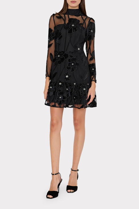 Black Velvet Floral Embroidered Mockneck Mini Dress - On Model Front View | MILLY