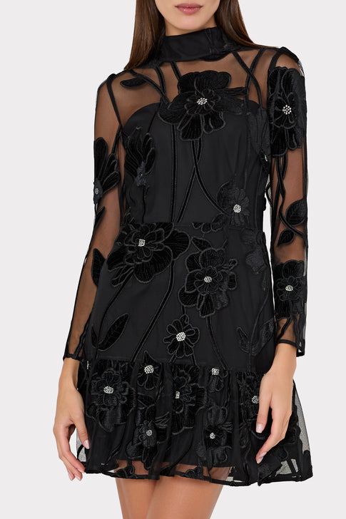 Black Velvet Floral Embroidered Mockneck Mini Dress - On Model Close-Up Detail | MILLY