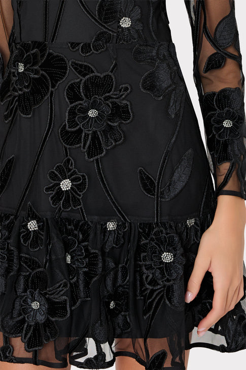 Black Velvet Floral Embroidered Mockneck Mini Dress - Floral Embroidery Detail | MILLY
