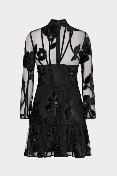 Black Velvet Floral Embroidered Mockneck Mini Dress - Back View | MILLY
