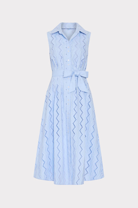 Blue Cotton Eyelet Midi Dress with Chevron Pattern - Front View | MILLY