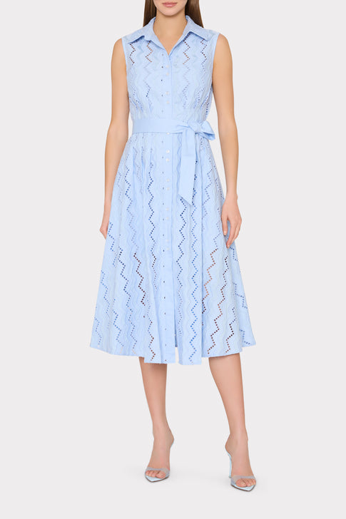 Blue Eyelet Leya Midi Dress with Tie Waist - On Model Front | MILLY