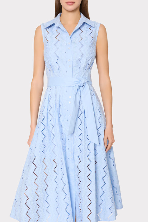 Designer Blue Eyelet Midi Dress with Button Front - On Model Detail | MILLY