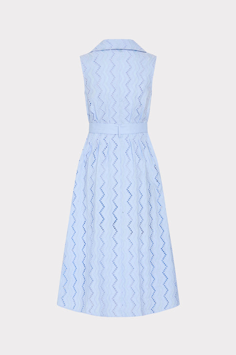 Blue Cotton Eyelet Midi Dress with Unique Chevron Pattern - Back View | MILLY