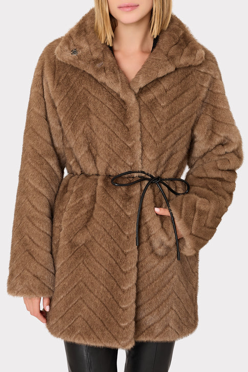Amia Chevron Faux Fur Coat Brown Image 3 of 4