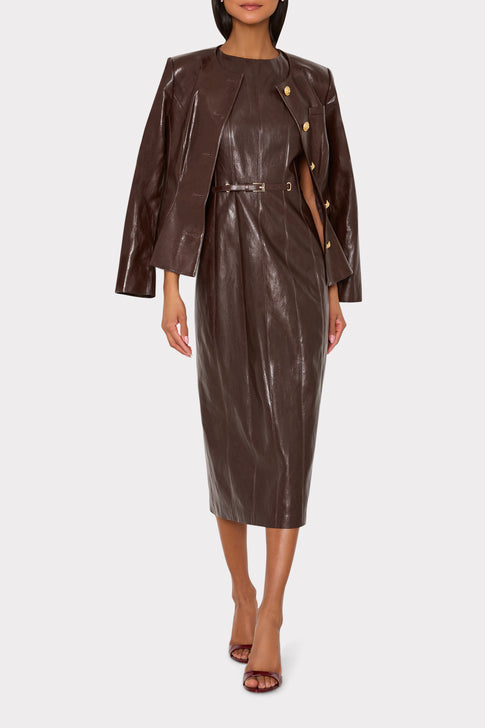 Dark Brown Vegan Leather Midi Dress Styled with Matching Jacket - On Model | MILLY
