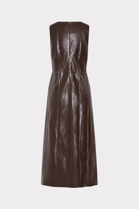Dark Brown Vegan Leather Midi Dress - Back View with Zip & Belt Detail | MILLY
