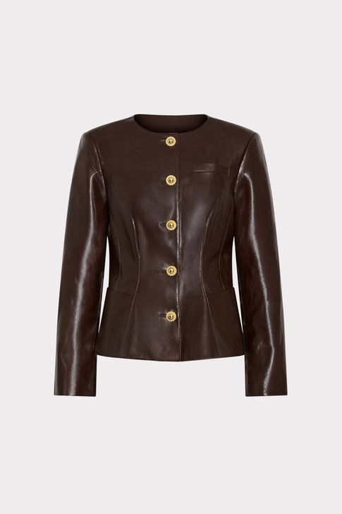 Dark Brown Faux Leather Jacket - Front Flat View, Gold Buttons | MILLY