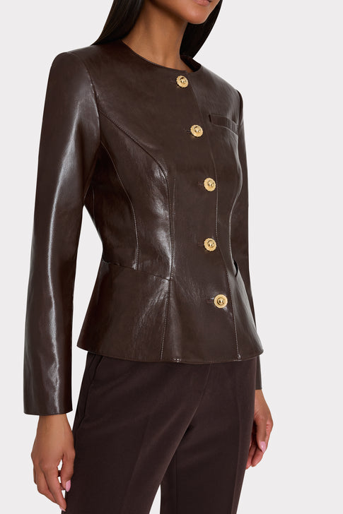 Dark Brown Faux Leather Jacket - Side Profile, Elegant Gold Button Detail | MILLY