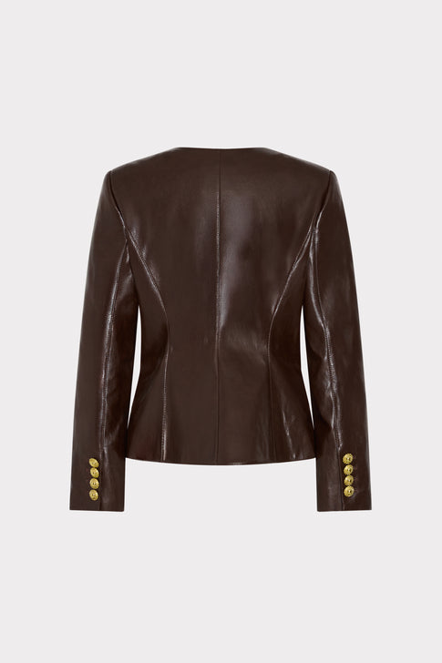Dark Brown Faux Leather Jacket - Back View, Gold Sleeve Buttons | MILLY