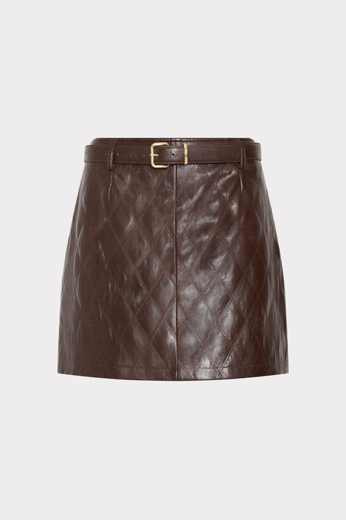 Dark Brown Quilted Faux Leather Mini Skirt with Gold Buckle Belt - Front Flat Lay | MILLY