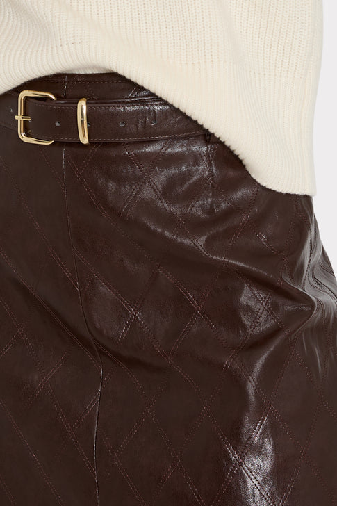 Dark Brown Quilted Faux Leather Mini Skirt Diamond Stitch & Gold Buckle Belt Close-Up Detail | MILLY