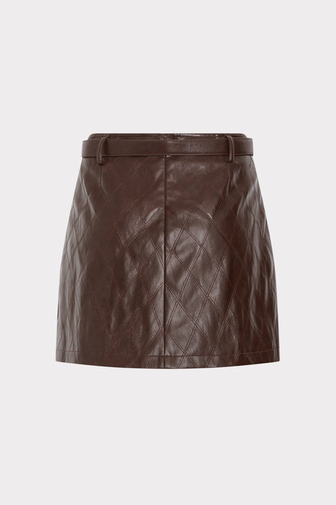 Dark Brown Quilted Faux Leather Mini Skirt No Belt - Front Flat Lay | MILLY