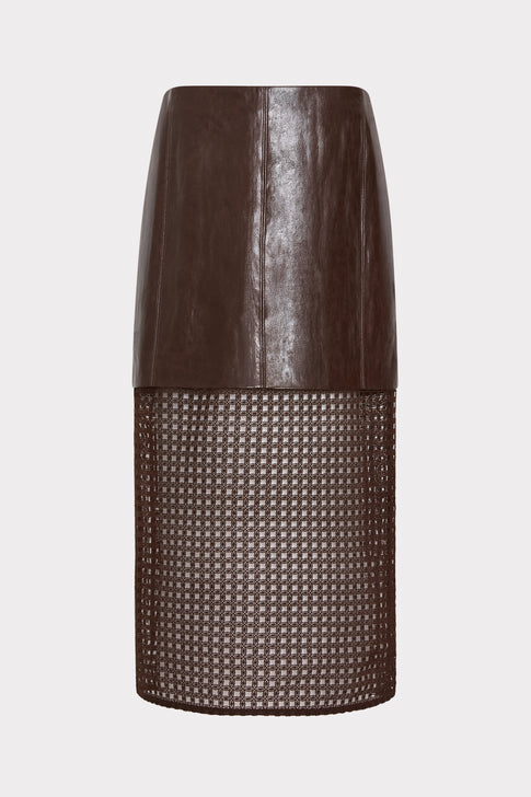 Dark Brown Vegan Leather & Mesh Midi Skirt - Front View | MILLY