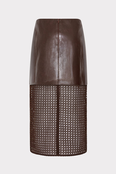 Dark Brown Designer Vegan Leather Midi Skirt - Back View with Zip | MILLY