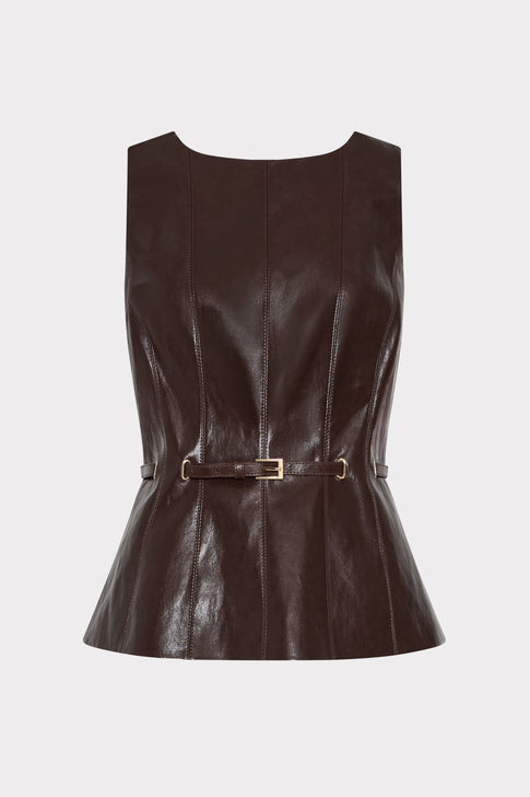 Dark Brown Gwen Faux Leather Belted Peplum Top - Front Flat View | MILLY