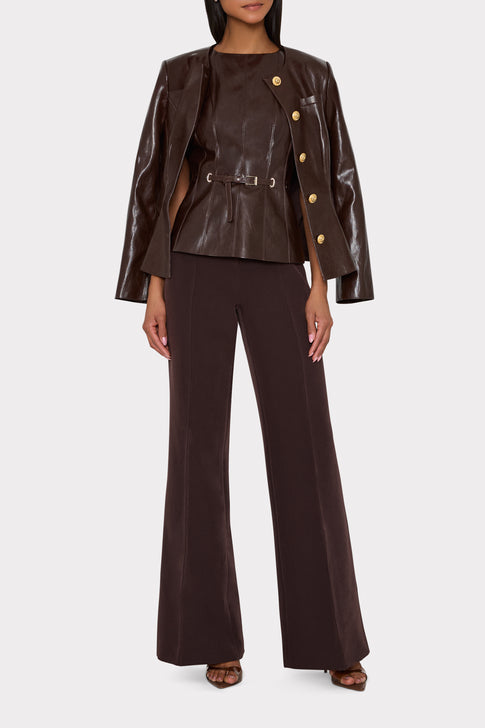 Dark Brown Gwen Faux Leather Top Styled Under Jacket with Gold Button Detail - Front View | MILLY