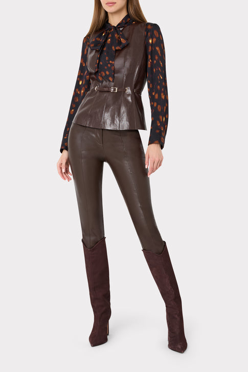Dark Brown Gwen Faux Leather Top Layered Under Print Blouse with Knee Boots - Styled Look | MILLY