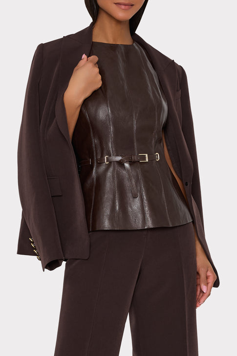 Dark Brown Gwen Faux Leather Peplum Top Under Blazer - Elegant Desk to Dinner Styled Look | MILLY
