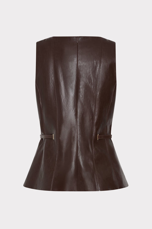 Dark Brown Gwen Faux Leather Peplum Top - Back Flat View with Gold Hardware Belt Detail | MILLY