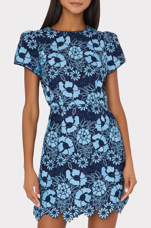Kyla Two Tone Floral Lace Mini Dress Blue/Navy Image 5 of 6