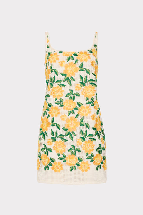 Yellow Floral Embroidered Mini Dress with Square Neckline - Flat Lay | MILLY