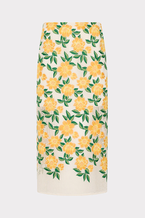 Yellow Floral Embroidered Midi Skirt - Front View | MILLY