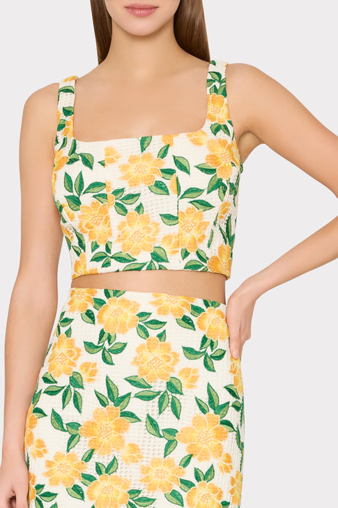 Yellow Floral Embroidered Set - Front Close-Up | MILLY
