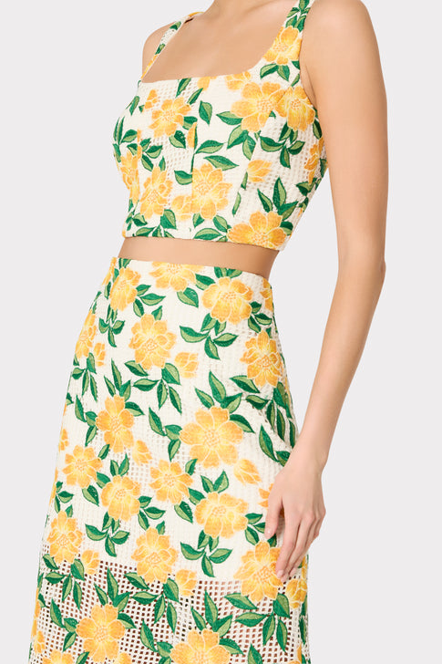 Yellow Floral Embroidered Set - Side Detail View | MILLY
