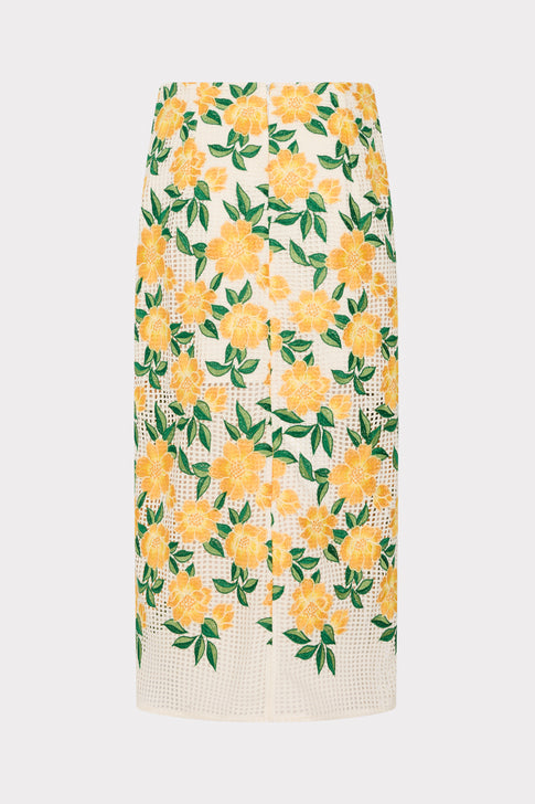 Yellow Floral Embroidered Midi Skirt - Flat Lay | MILLY