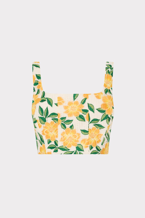 Yellow Embroidered Mel Crop Top with Marigold Floral Pattern - Front View | MILLY