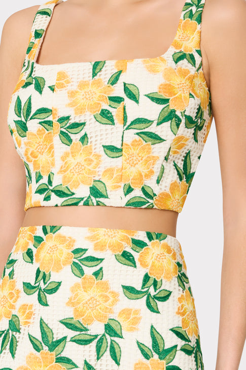 Yellow Embroidered Crop Top with Marigold Print - Close-Up Detail on Model | MILLY