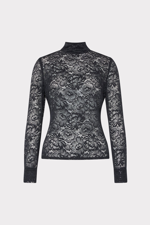 Black Sheer Floral Lace Top Mock Neck Long Sleeve - Front Flat View | MILLY
