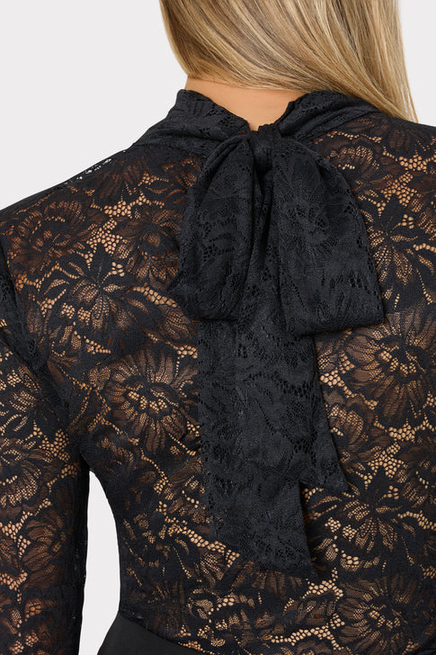 Black Sheer Lace Top - Back Bow Tie Neckline Detail Close-Up on Model | MILLY