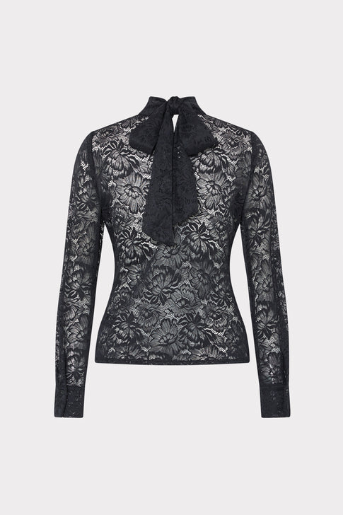 Black Sheer Floral Lace Bow Tie Top - Front Flat View with Tie Detail | MILLY