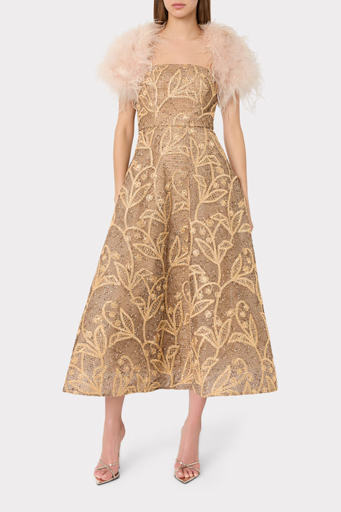 Champagne Luxury Feather Bolero - On Model Front View, Styled Over Gala Gown | MILLY
