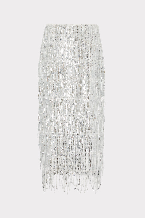 Roxanne Fringe Sequin Midi Skirt Silver Image 1 of 9
