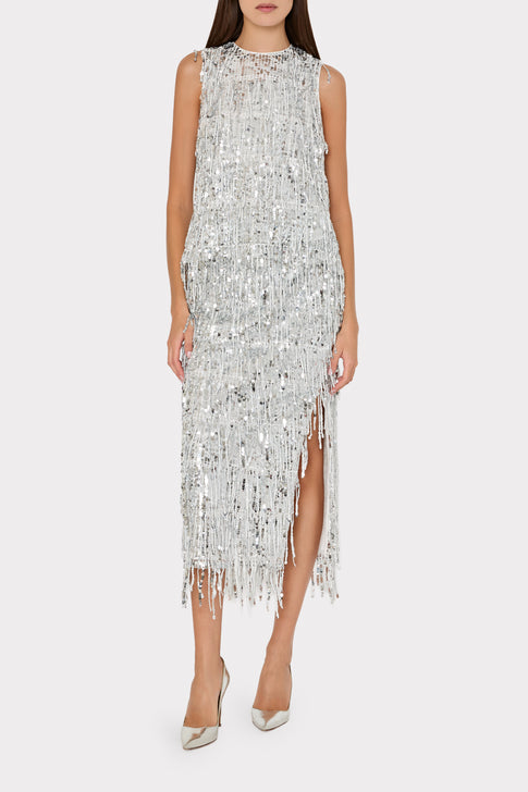 Roxanne Fringe Sequin Midi Skirt Silver Image 3 of 9