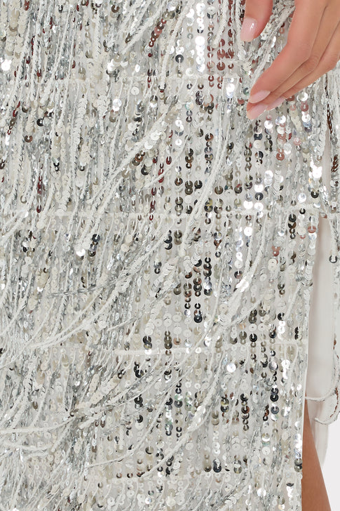 Roxanne Fringe Sequin Midi Skirt Silver Image 8 of 9