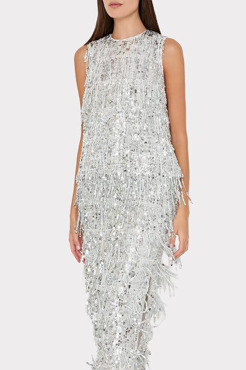 Roxanne Fringe Sequin Midi Skirt Silver Image 5 of 9