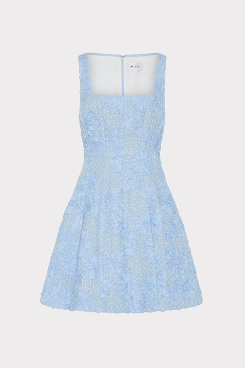 Light Blue Floral Appliqué Tweed Mini Dress - Front Flat View | MILLY